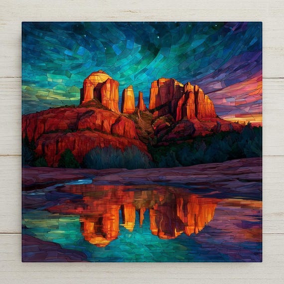 Sedona Cathedral Rock Ceramic Tile: Stained Glass Style Southwest Landscape with Sunset Reflection