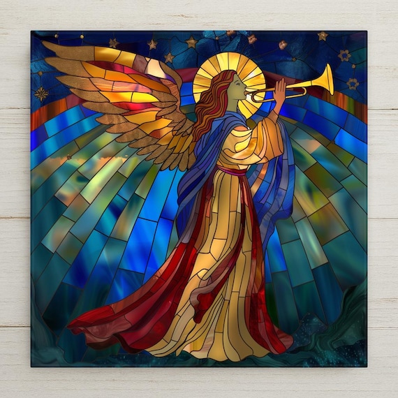 Stained Glass Angel Trumpet Ceramic Tile Wall Art - Spiritual Christmas Decor, Heavenly Holiday Gift Print Home Decor