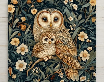 Owl Wall Art Ceramic Tile William Morris Style Gift Woodland Nature Art Owl Lover Memorial Bird Cabin Decor Gift