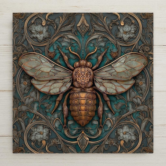 Art Nouveau Bee Ceramic Tile Wall Decor - Botanical Insect Nature Home Accent