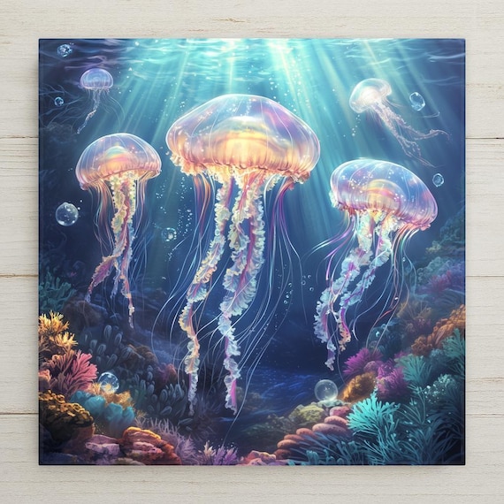 Luminescent Jellyfish Ceramic Tile: Ocean-Inspired Trivet, Wall Art & Bathroom Decor for Coastal Homes