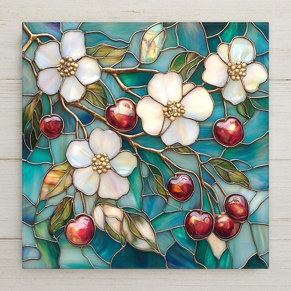 Cherry Blossom Ceramic Tile Art: Stained Glass Look Wall Decor