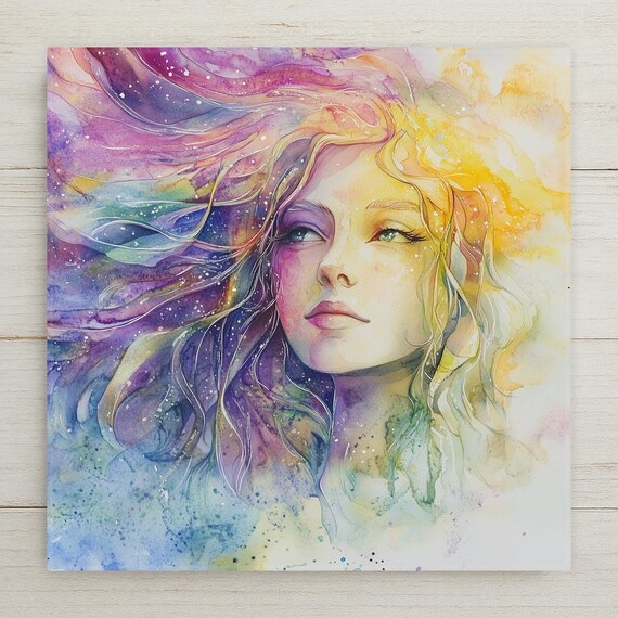 Virgo Zodiac Ceramic Tile Art: Watercolor Portrait of the Virgin - Mystical Astrology Wall Decor Gift
