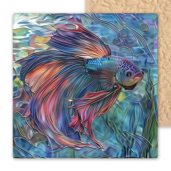 Handcrafted Betta Fish Ceramic Tile Art: Aquatic Wall Decor for Home, Spa & Bathroom Retreats