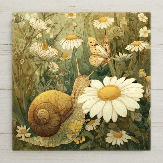Snail & Daisy Ceramic Tile Wall Art – Botanical Cottagecore Decor, Whimsical Garden Illustration, Nature Home Decor Gift