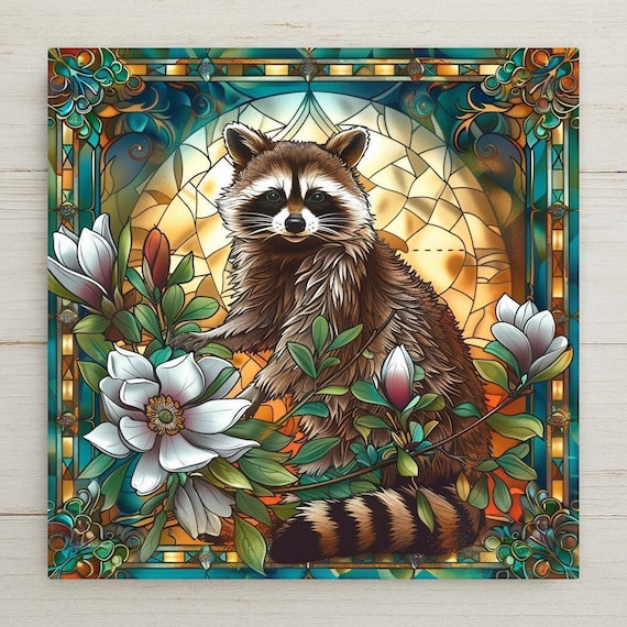 Raccoon Ceramic Tile Art: Stained Glass Style Woodland Decor