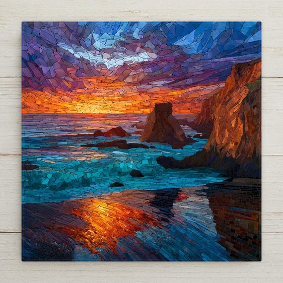 Big Sur Sunset Mosaic Wall Art – Coastal Stained Glass Style Ceramic Tile, Ocean Cliff Decor, California Coast Home Gift, Pacific Sunset