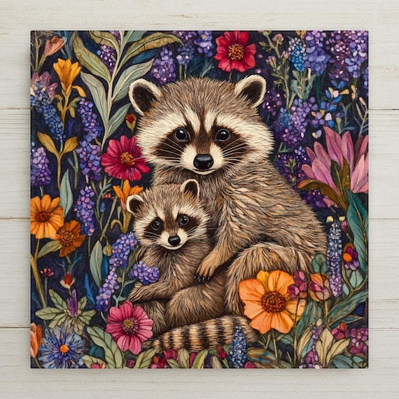 Art Nouveau Raccoon Ceramic Tile: Whimsical Woodland Wall Decor
