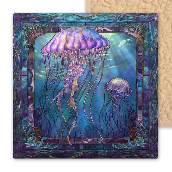 Jellyfish Ceramic Tile Art - Stained Glass Style Ocean Wall Decor with Purple Blue Sea Creatures - Coastal Nautical Marine Art for Home