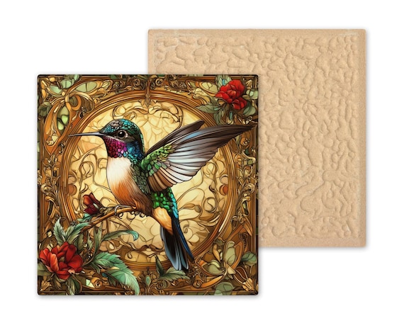 Art Nouveau Hummingbird Ceramic Tile: Mucha-Inspired Stained Glass Wall Decor, Trivet & Bird Lover Gift