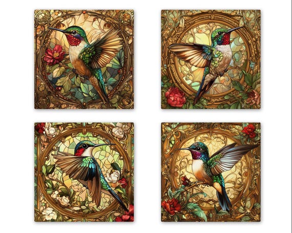 Art Nouveau Hummingbird Tile Set: Alphonse Mucha Floral Trivets