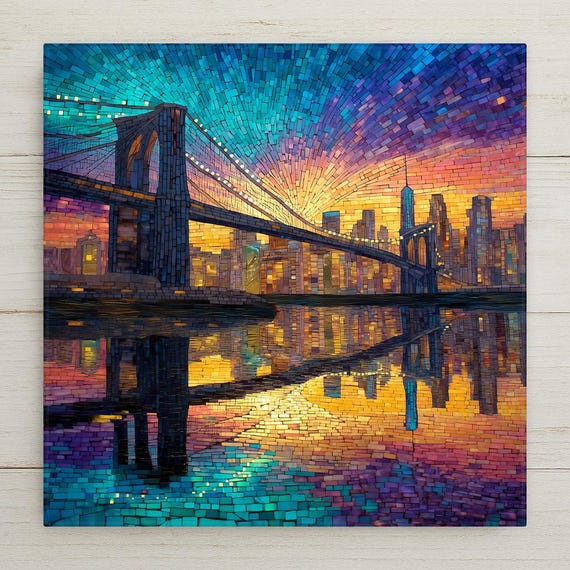 Brooklyn Bridge Ceramic Tile: NYC Skyline Sunset Art for Elegant Home Decor - Stained Glass Style