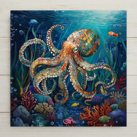 Octopus Ceramic Tile Art: Coastal Mosaic, Beach Home Decor