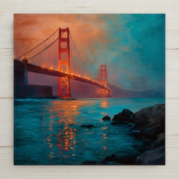 Ceramic Golden Gate Bridge Tile: San Francisco Cityscape Art, Stained Glass Style Bay Sunset Decor