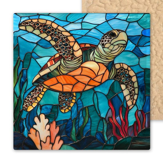 Vibrant Sea Turtle Ceramic Tile - Handmade Ocean Stained Glass Wall Art - Coastal Underwater Decor Gift