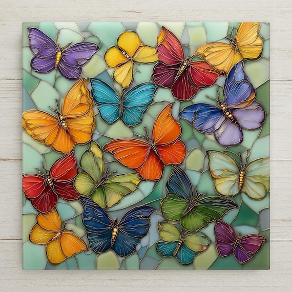 Colorful Butterfly Ceramic Tile Wall Art - Stained Glass Style Nature Decor Gift
