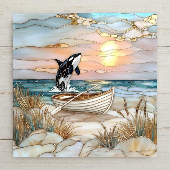 Orca Whale Wall Art Ceramic Tile – Coastal Wall Art Ceramic Tile – Sunset Ocean Scene Beach Decor, Nautical Home Decor