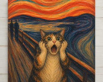 May include: A square canvas print featuring a calico cat with wide eyes and an open mouth, holding its paws to its face in a pose mimicking The Scream. The background depicts a swirling orange sky, dark blue water, and a wooden bridge with two figures.