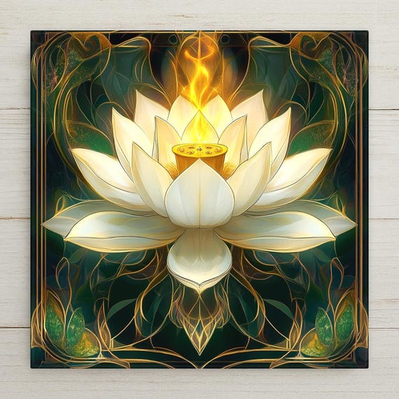 Art Nouveau Lotus Ceramic Tile: Mucha-Inspired Yoga Meditation Decor