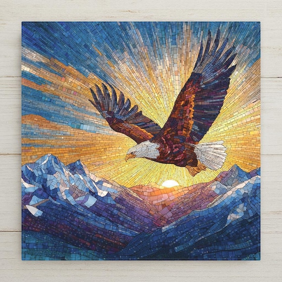 Soaring Eagle Ceramic Tile Decor – Symbol of Freedom and Strength for Office, Living Room, or Cabin Decor in Stained Glass Style