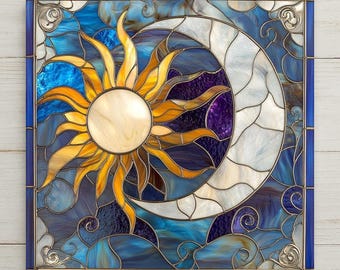 Sun and Moon Wall Art Ceramic Tile Celestial Gift Stained Glass Style Decor Spiritual Home Art Symbolic Gift Tile