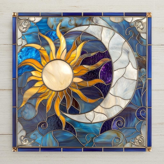 Sun and Moon Ceramic Tile Art: Stained Glass Style Celestial Decor