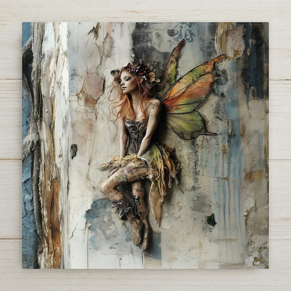 Enchanted Woodland Fairy Ceramic Tile Art - Rustic Boho Fantasy Wall Decor with Autumn Wings