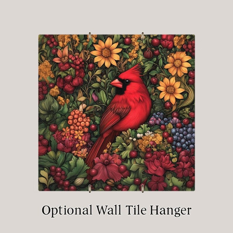 Cardinal Wall Art Ceramic Tile Art Nouveau Gift William Morris Red Cardinal Decor Memorial Bird Sympathy Nature image 4