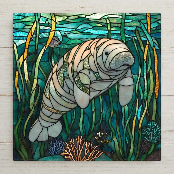 Handcrafted Manatee Ceramic Tile: Ocean-Inspired Stained Glass Wall Art for Coastal Home Decor