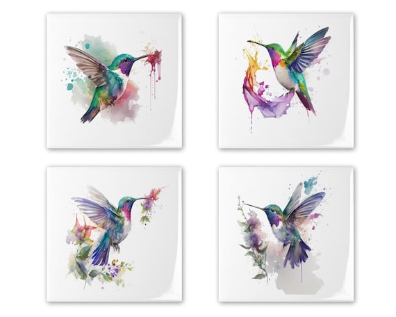 Hummingbird Coaster Tiles, Hummingbird Ceramic Art Tile, Watercolor Hummingbird, Hummingbird Lover Trivet Set of 4