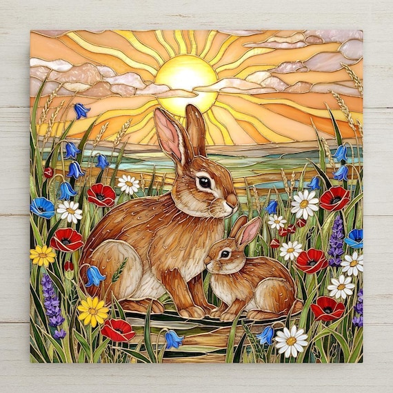 Easter Bunny Wall Art Ceramic Tile – Spring Rabbit Decor with Wildflowers, Woodland Nursery Art, Cottage Home Decor Gift