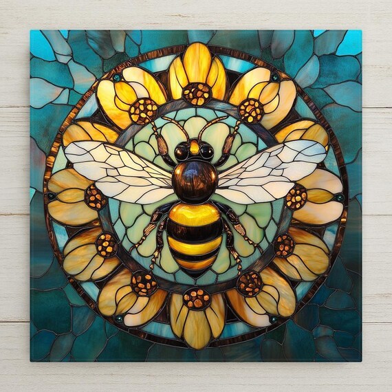 Stained Glass Bee Mandala Ceramic Tile - Sacred Geometry Wall Art for Garden & Cottagecore Decor
