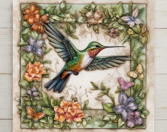 Farmhouse Hummingbird Wall Art Ceramic Tile Garden Gift Stained Glass Style Decor Wildflower Bird Art Nature Lover Gift Tile