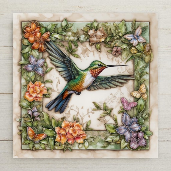 Rustic Farmhouse Hummingbird Ceramic Tile: Textured Wildflower Wall Art for Cottage & Garden Decor