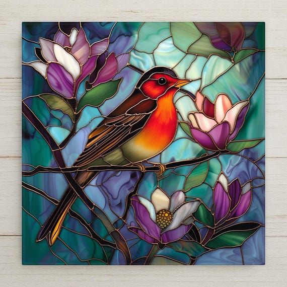 Magnolia Red Robin Ceramic Tile: Home Decor Stained Glass Style Wall Art for Nature Lovers