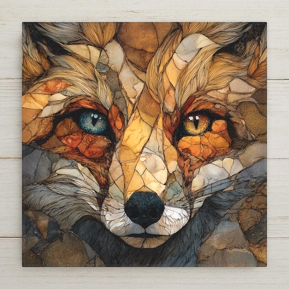 Fox Stained Glass Art Tile Woodland Animal Wall Art Nature Wildlife Home Decor Rustic Cabin Gift Decorative Tile
