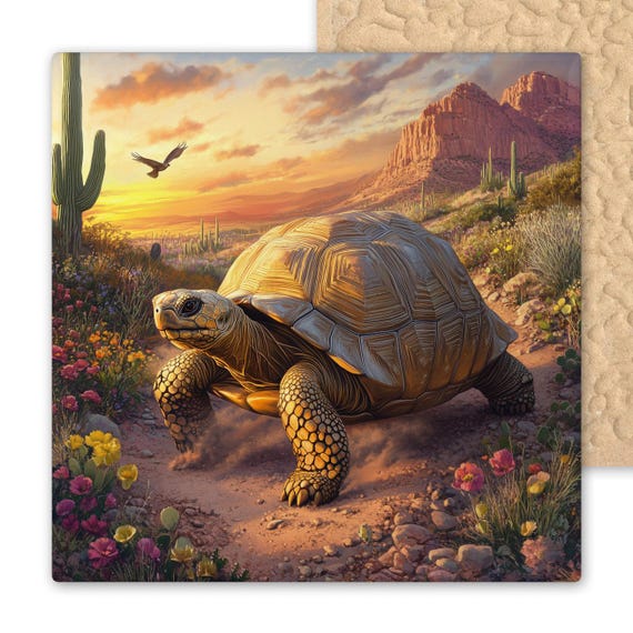 Handcrafted Desert Tortoise Ceramic Tile: Southwest Wildlife Wall Art, Trivet & Sonoran Nature Decor