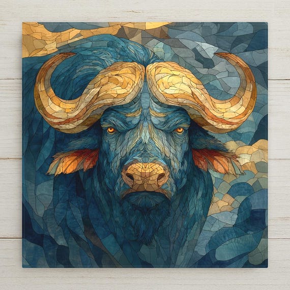 Cape Buffalo Wall Art Ceramic Tile Stained Glass Style Safari Wildlife Gift African Nature Decor Art