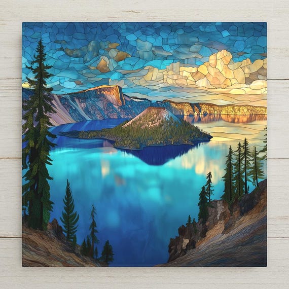 Crater Lake Ceramic Tile Art: Oregon Landscape Wall Decor, Stained Glass Style Mountain Scene