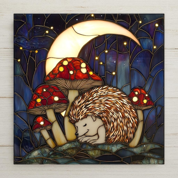 Stained Glass Sleeping Hedgehog Tile: Enchanted Woodland Art for Home Decor and Nursery Wall