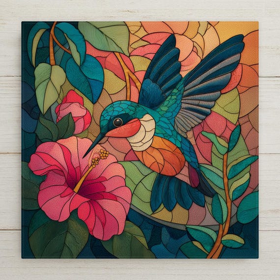 Hummingbird Ceramic Tile Wall Art – Stained Glass Style Bird Decor, Colorful Nature Wall Decor, Meaningful Home Decor Gift