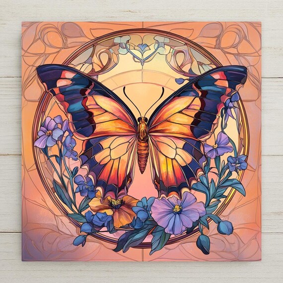 Butterfly Wall Art Ceramic Tile Butterfly Lover Gift Garden Decor Nature Gift Bathroom Art Floral Tile