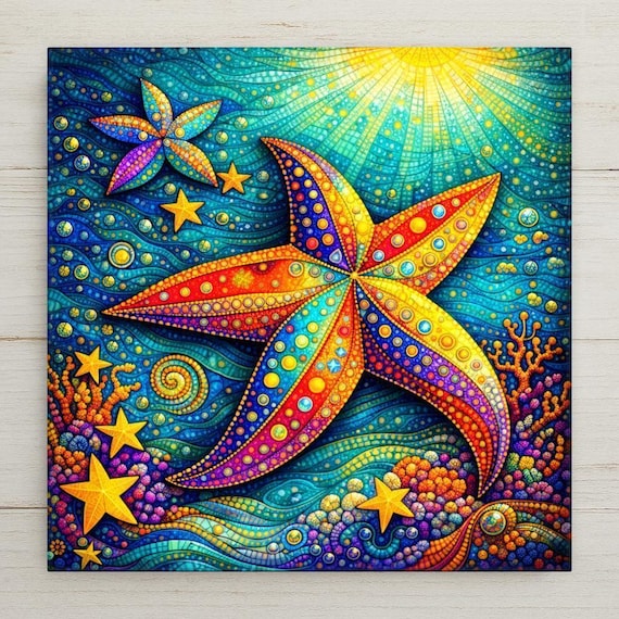 Starfish Ceramic Tile Wall Art – Stained Glass Style Ocean Decor, Coastal Beach Decor, Wall Decor, Home Decor Gift