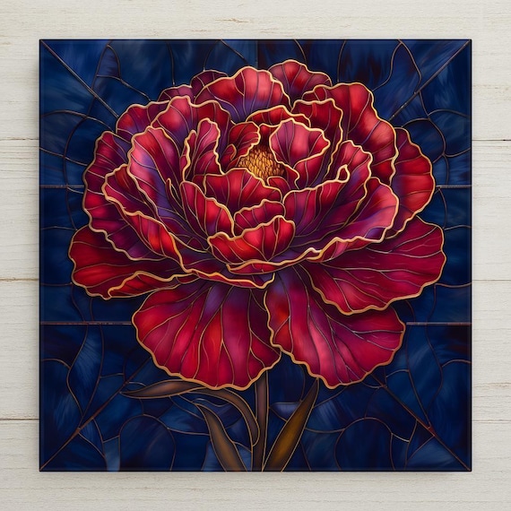 Red Carnation Wall Art Ceramic Tile – Stained Glass Floral Decor, Bold Crimson Flower Home Decor, Elegant Botanical Wall Decor