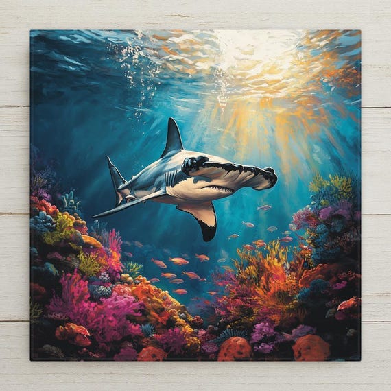 Hammerhead Shark Ceramic Tile Art: Ocean Coral Reef Decor