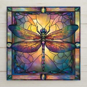 Dragonfly Stained Glass Style Ceramic Art Tile: Whimsical Wall Decor Cottagecore Gift Fantasy Home Decor Wall Art