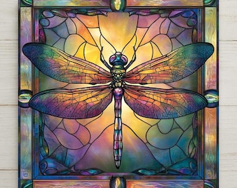 Dragonfly Stained Glass Style Ceramic Art Tile: Whimsical Wall Decor Cottagecore Gift Fantasy Home Decor Wall Art