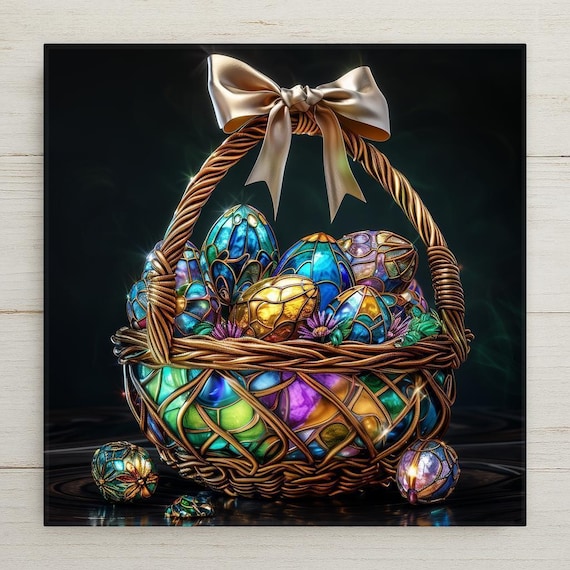 Luxury Easter Basket Wall Art Ceramic Tile – Stained Glass Jewel Tone Decor, Elegant Spring Christian Home Decor, Heirloom Holiday Art