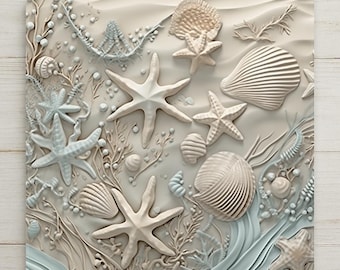 May include: A square wall art piece featuring a relief sculpture of various seashells, starfish, and coral branches in shades of cream, beige, and pale blue. The textured surface mimics an underwater scene with layered marine life elements.