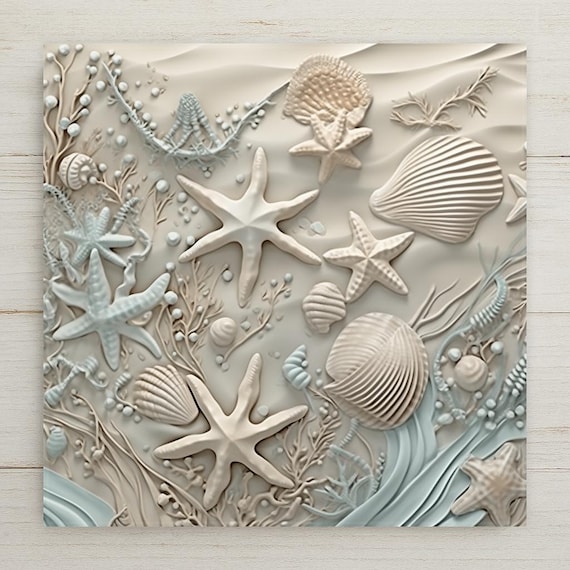 Coastal Ceramic Tile Art: 3D Effect Starfish & Seashell Print